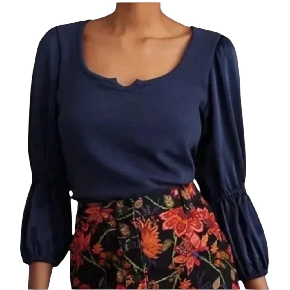MAEVE by Anthropologie navy blue top with satin like puff sleeve sz Small NWT!